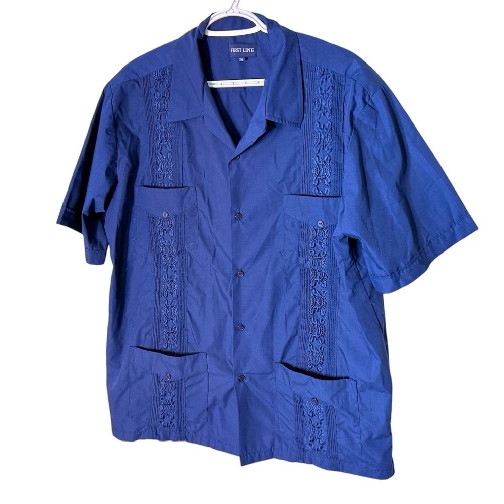 FIRST LINE Men’s Vintage Navy Blue Button Cuban Shirt Rockabilly Bowling XXL